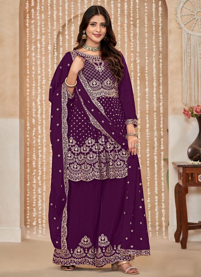 Chiffon Wine Wedding Wear Embroidery Work Plazzo Suit